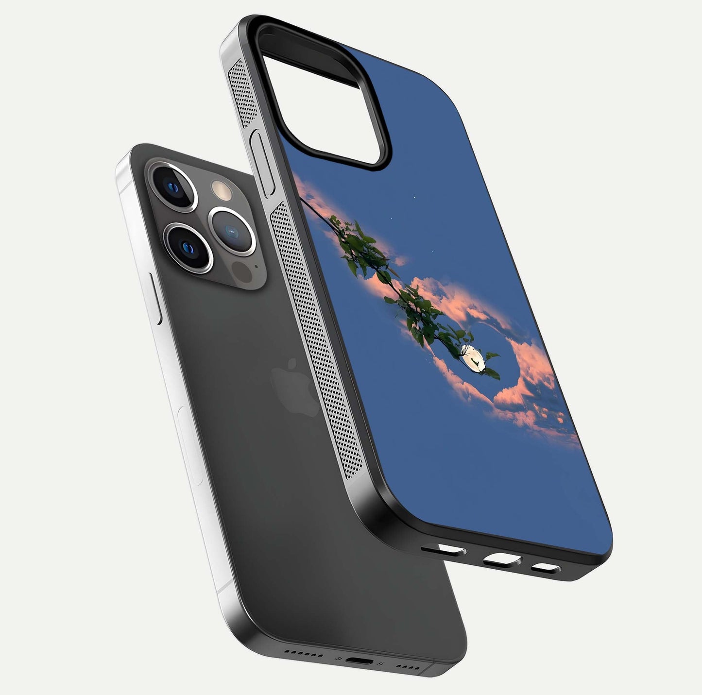 Sky Under Tree Glass Case for iPhone 13 Pro floating dual-view mockup displaying gloss reflection and landscape tone