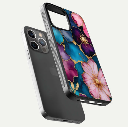 Sparkle Floral Glass Case for iPhone 13 Pro floating dual-view mockup displaying gloss surface and sparkle effect
