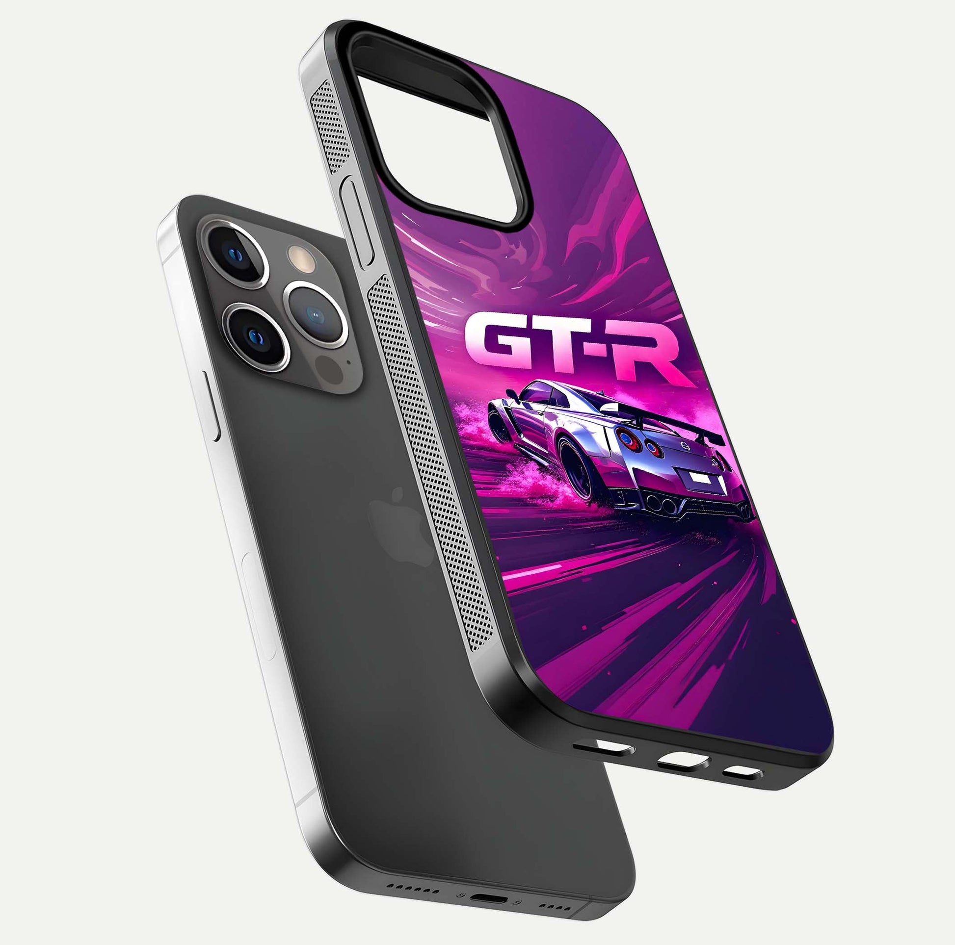Speed Drift Legend Glass Case for iPhone 13 Pro floating dual-view mockup displaying gloss shine and motion effect