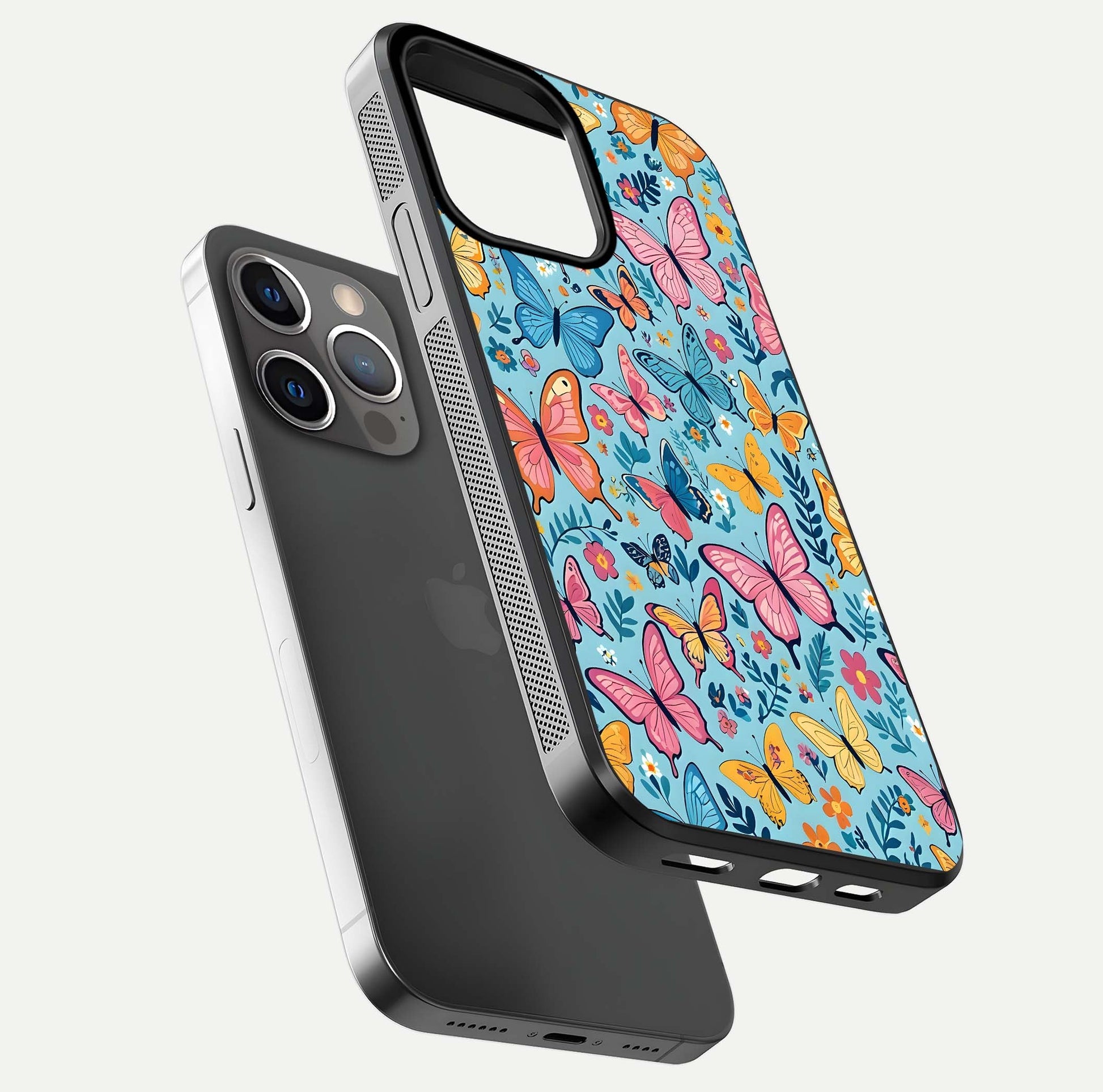 Spiritual Krishna Glass Case for iPhone 16 Pro floating dual-view mockup displaying gloss shine and divine detail