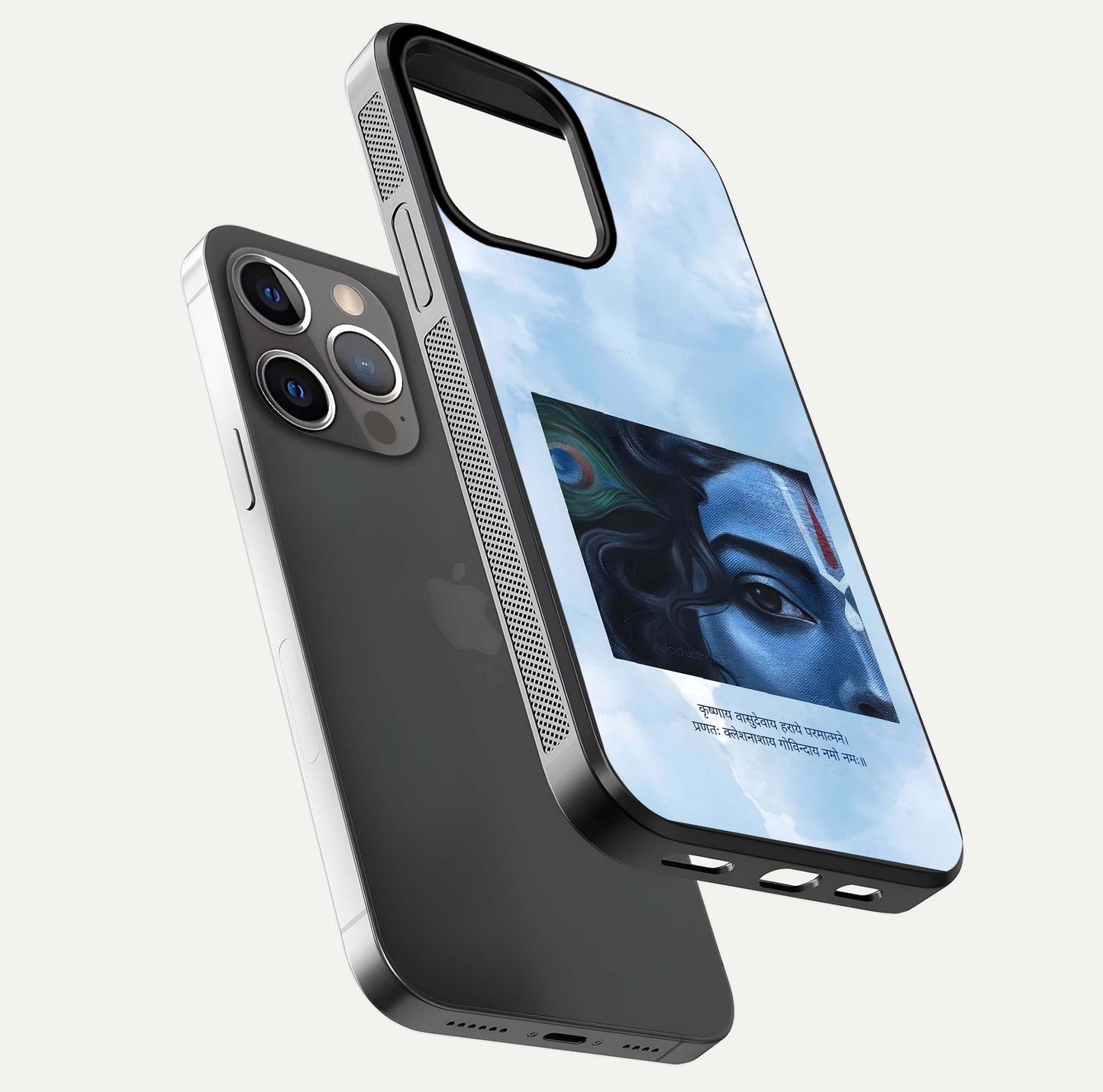 Spring Wing Garden Glass Case for iPhone 13 Pro floating dual-view mockup showing gloss texture and vivid print