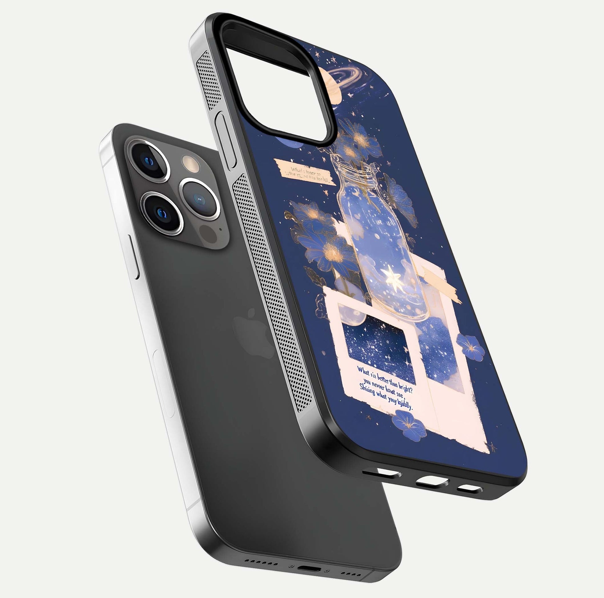 Starlit Cosmic Jar Glass Case for iPhone 13 Pro floating dual-view mockup displaying gloss and starry depth