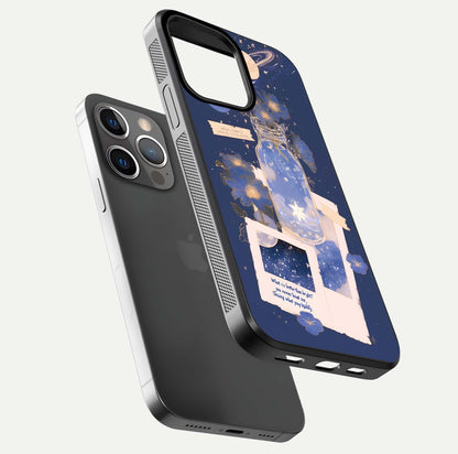 Starlit Cosmic Jar Glass Case for iPhone 13 Pro floating dual-view mockup displaying gloss and starry depth