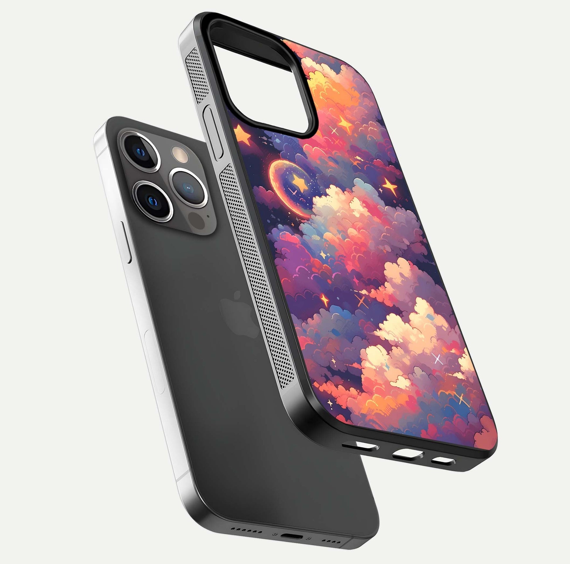 Starlit Dream Clouds Glass Case for iPhone 13 Pro floating dual-view mockup displaying gloss and soft light detail