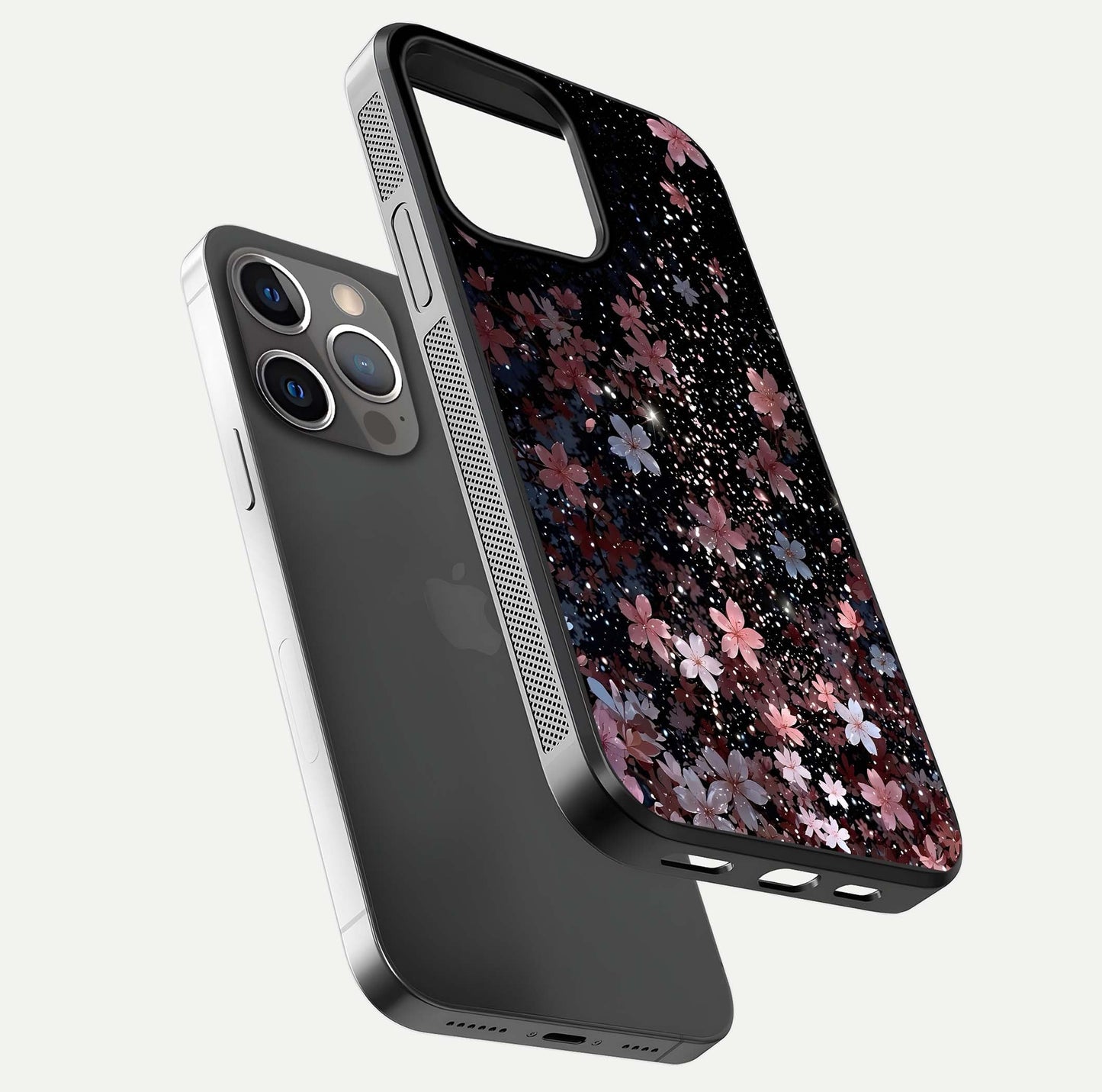 Starlit Flower Dreams Glass Case for iPhone 13 Pro floating dual-view mockup displaying gloss and print clarity