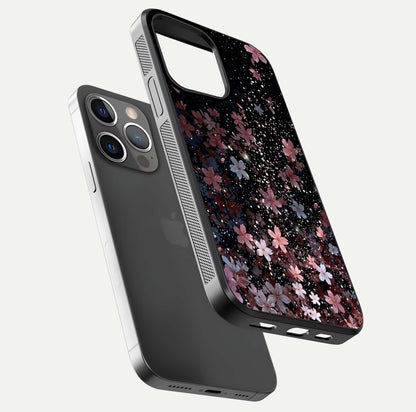 Starlit Flower Dreams Glass Case for iPhone 13 Pro floating dual-view mockup displaying gloss and print clarity