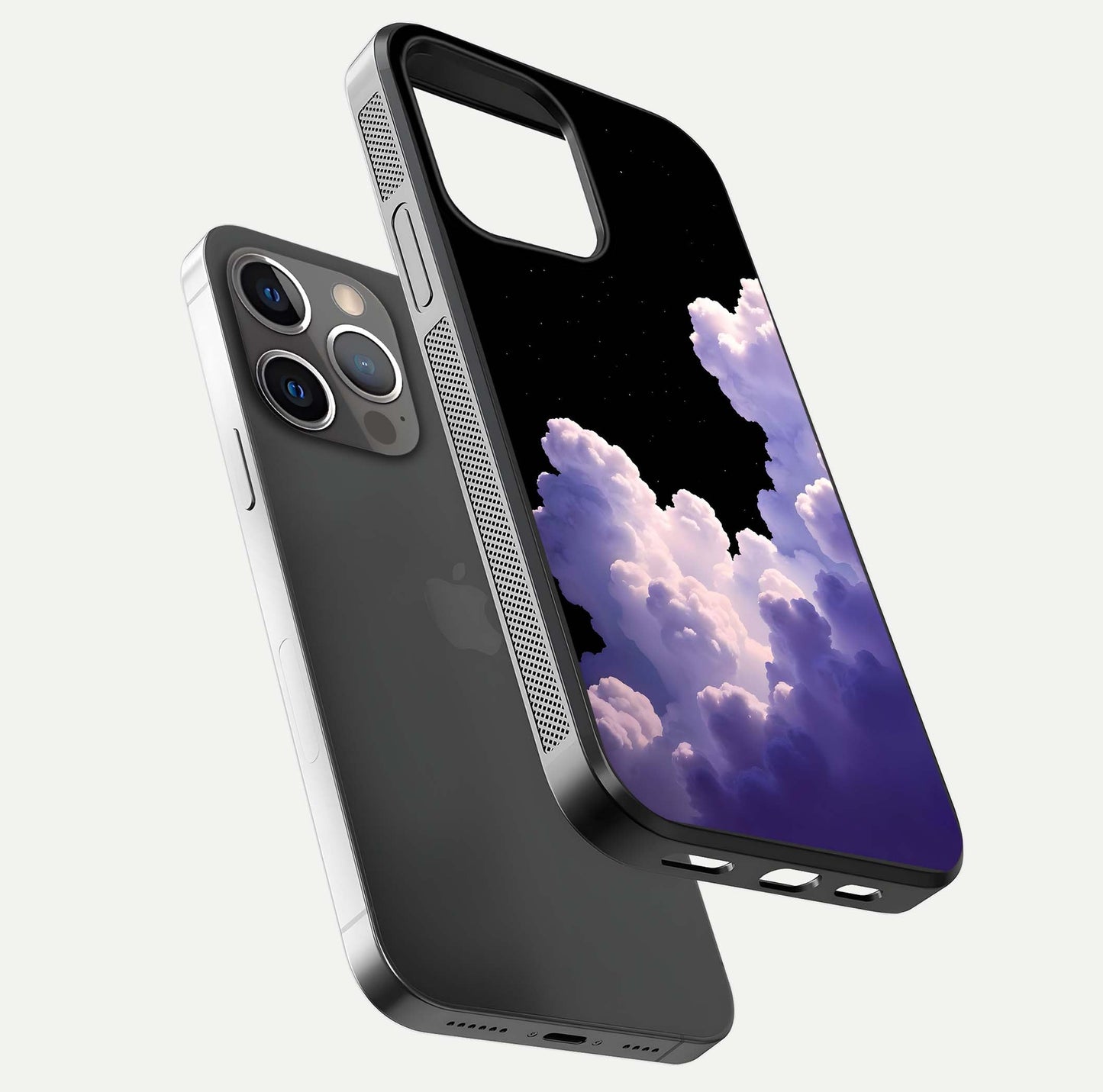 Starlit Night Whispers Glass Case for iPhone 13 Pro floating dual-view mockup displaying gloss surface and depth