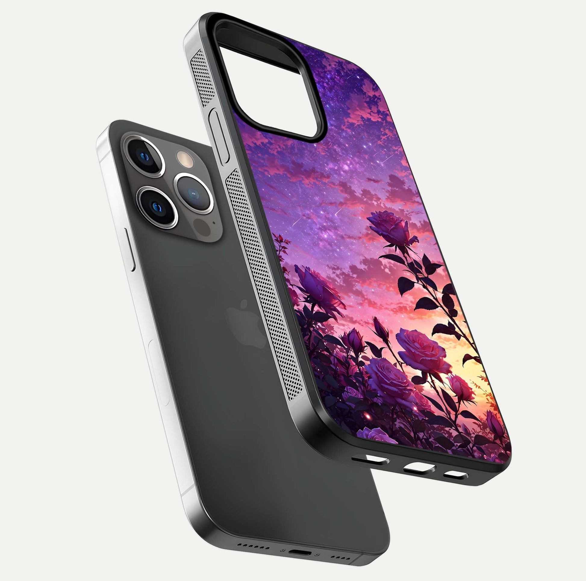 Starlit Rose Twilight Glass Case for iPhone 13 Pro floating dual-view mockup displaying gloss shine and depth