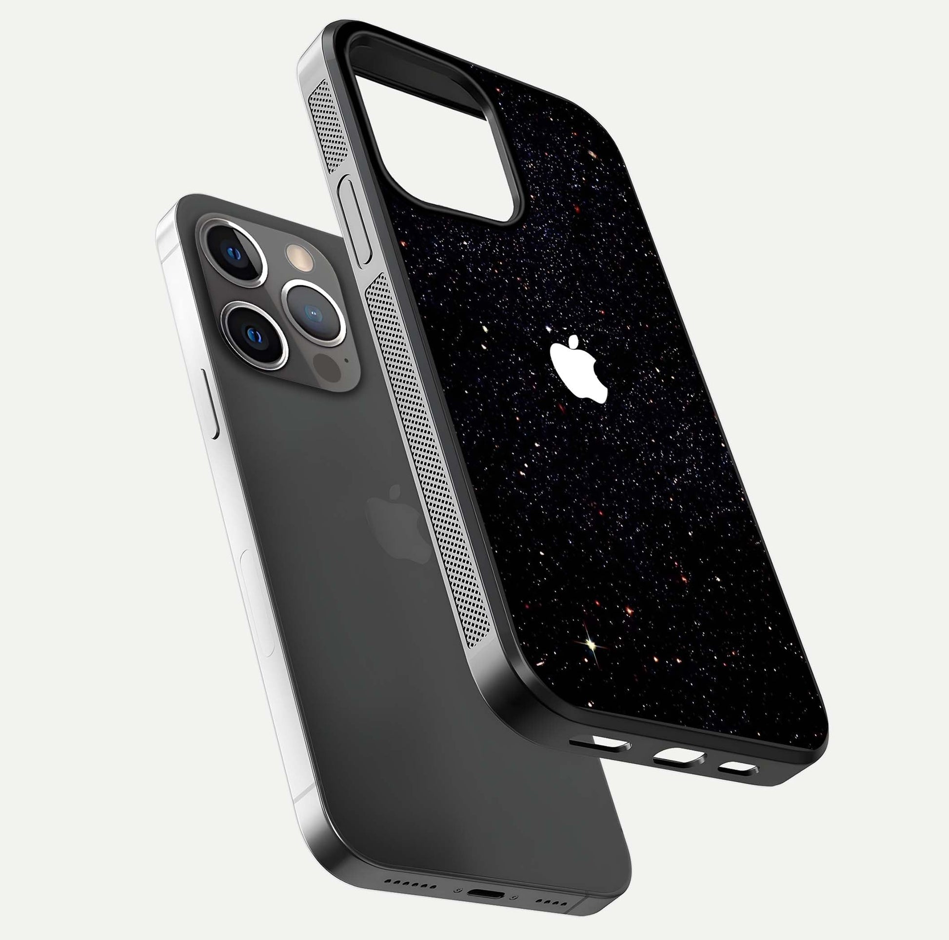 Starry Apple Galaxy Glass Case for iPhone 13 Pro floating dual-view mockup displaying reflection and shine