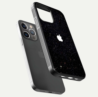 Starry Apple Galaxy Glass Case for iPhone 13 Pro floating dual-view mockup displaying reflection and shine