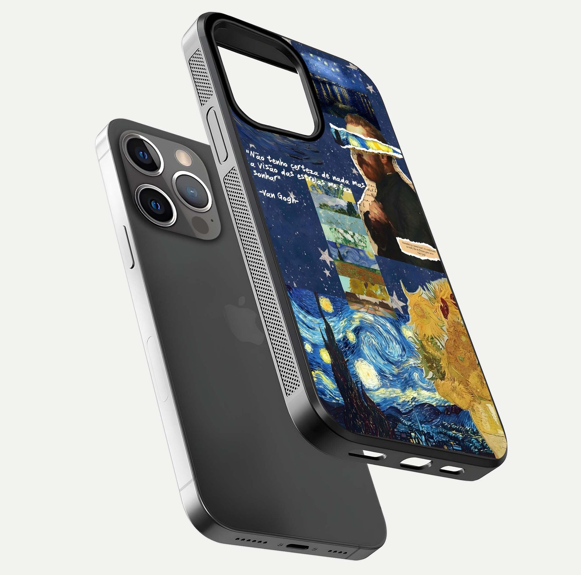 Starry Dream Vision Glass Case for iPhone 13 Pro floating dual-view mockup displaying gloss surface and clarity