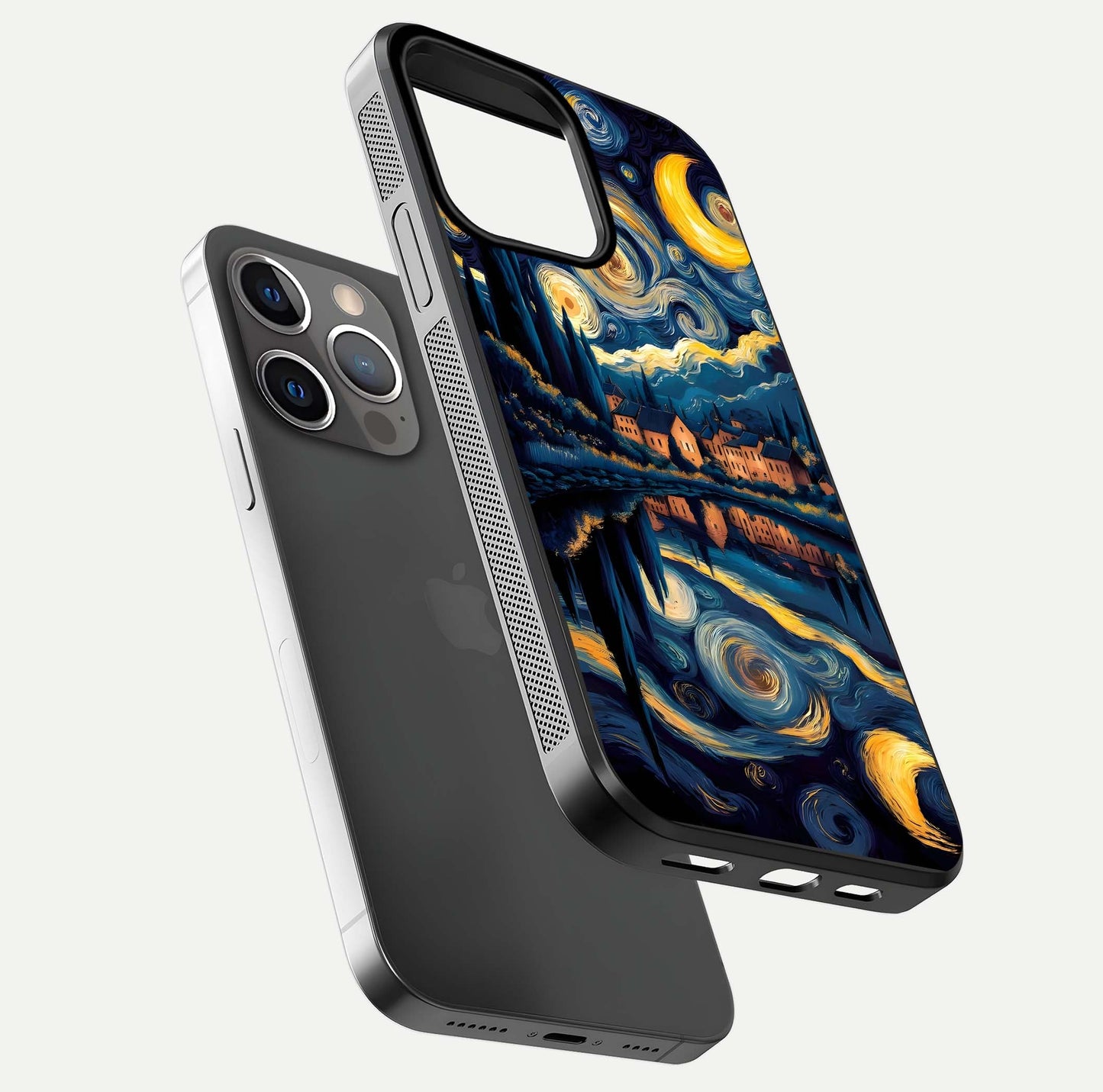 Starry Sky Serenity Glass Case for iPhone 13 Pro floating dual-view mockup displaying gloss texture and shine