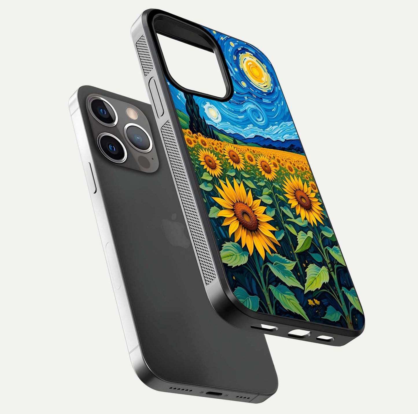 Starry Sunflower Dreams Glass Case for iPhone 13 Pro floating dual-view mockup displaying gloss and vivid print