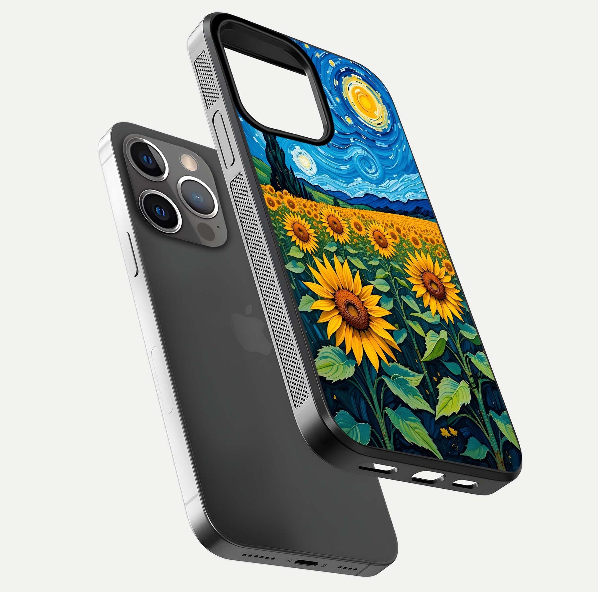 Starry Sunflower Dreams Glass Case for iPhone 13 Pro floating dual-view mockup displaying gloss and vivid print