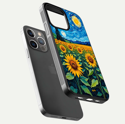 Starry Sunflower Dreams Glass Case for iPhone 13 Pro floating dual-view mockup displaying gloss and vivid print