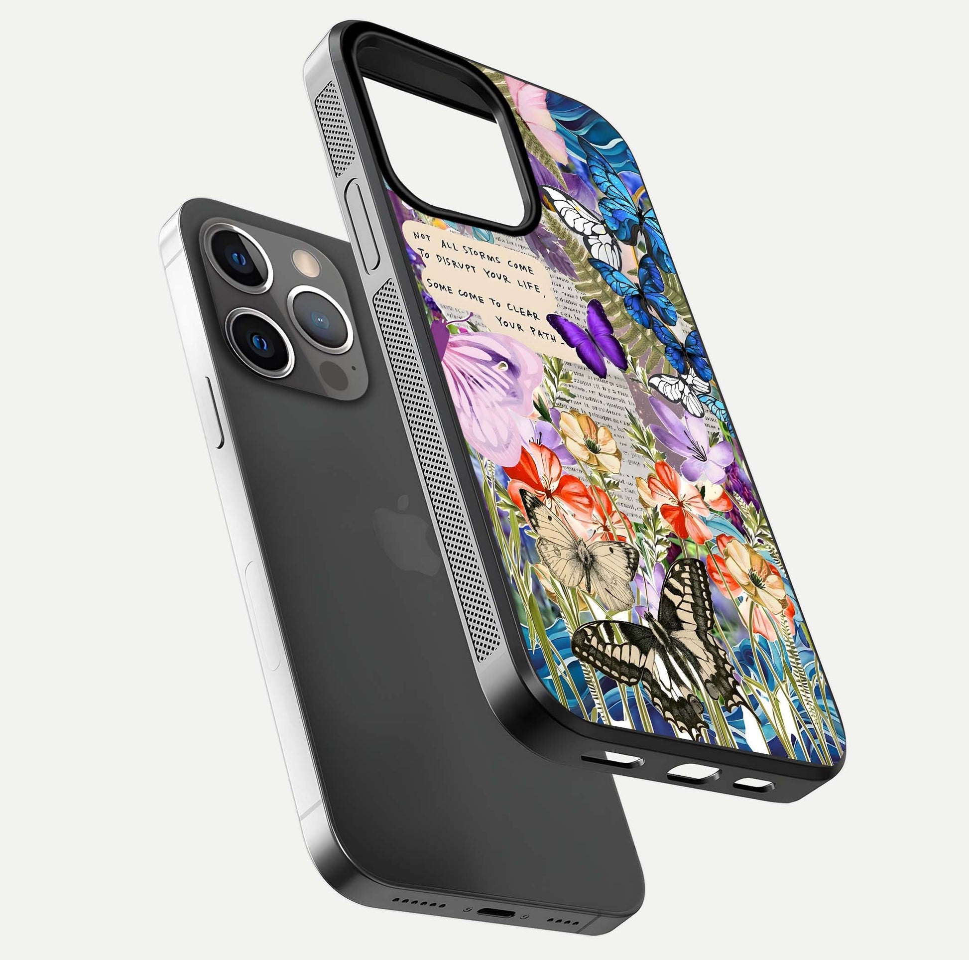 Storm Path Bloom Glass Case for iPhone 13 Pro floating dual-view mockup displaying gloss and pattern depth