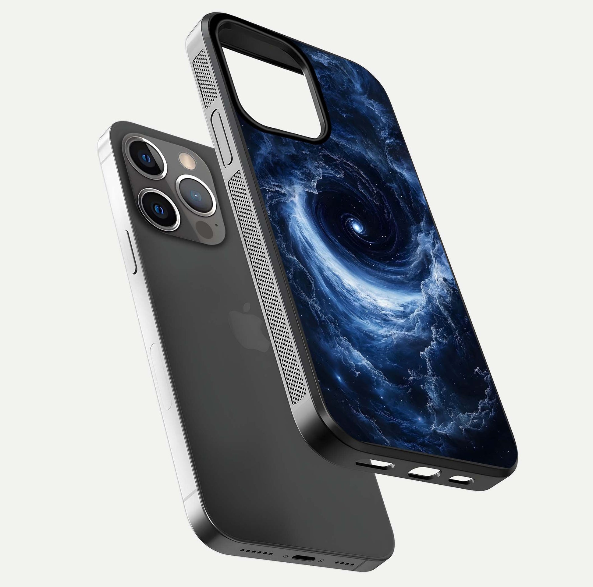 Stunning Galaxy Glass Case for iPhone 13 Pro floating dual-view mockup displaying gloss shine and vivid print depth