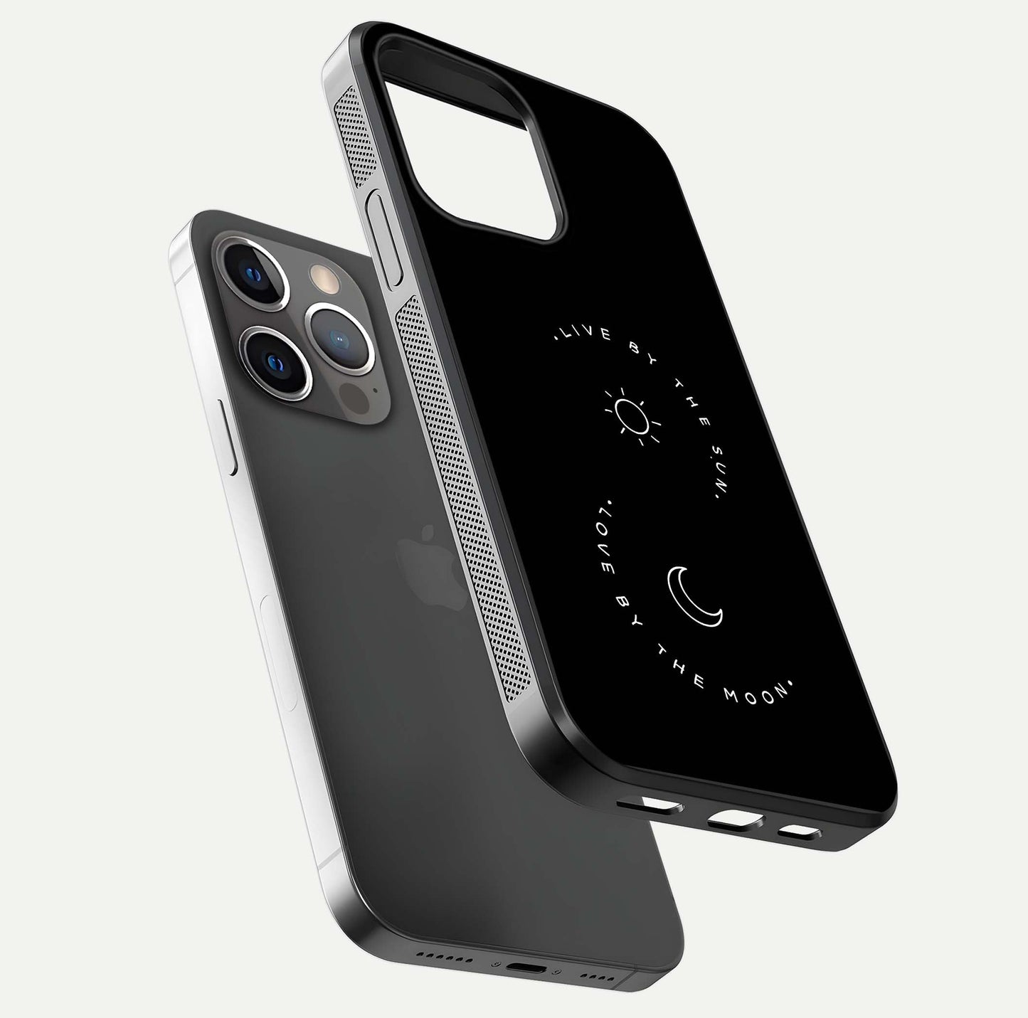 Sun Moon Balance Glass Case for iPhone 13 Pro floating dual-view mockup displaying gloss surface and edge clarity
