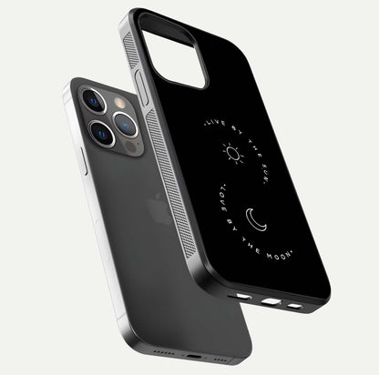 Sun Moon Balance Glass Case for iPhone 13 Pro floating dual-view mockup displaying gloss surface and edge clarity