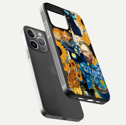 Sunflower Cat Art Glass Case for iPhone 13 Pro floating dual-view mockup displaying gloss shine and HD art print