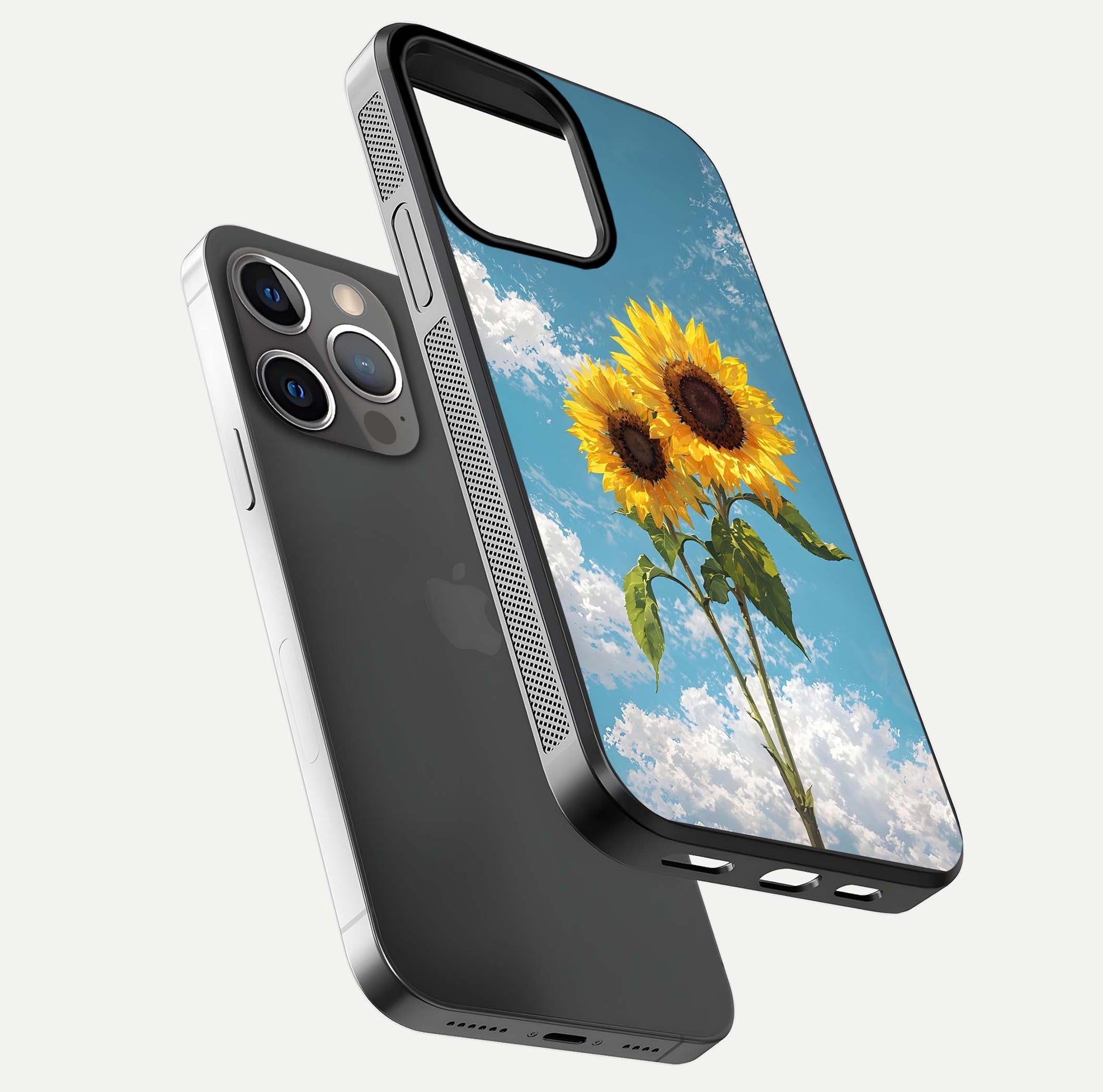 Sunflower Sky Bloom Glass Case for iPhone 13 Pro floating dual-view mockup displaying gloss shine and vibrant texture