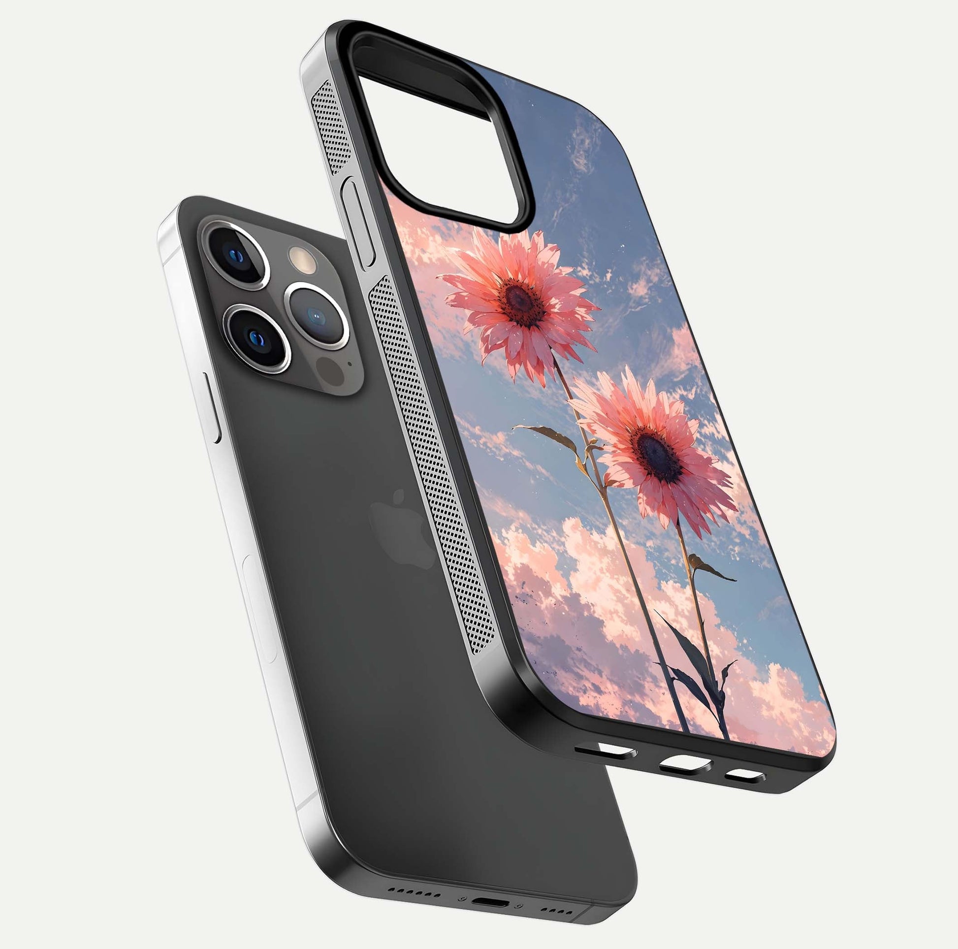 Sunlit Daisy Glow Glass Case for iPhone 13 Pro floating dual-view mockup displaying gloss finish and HD print