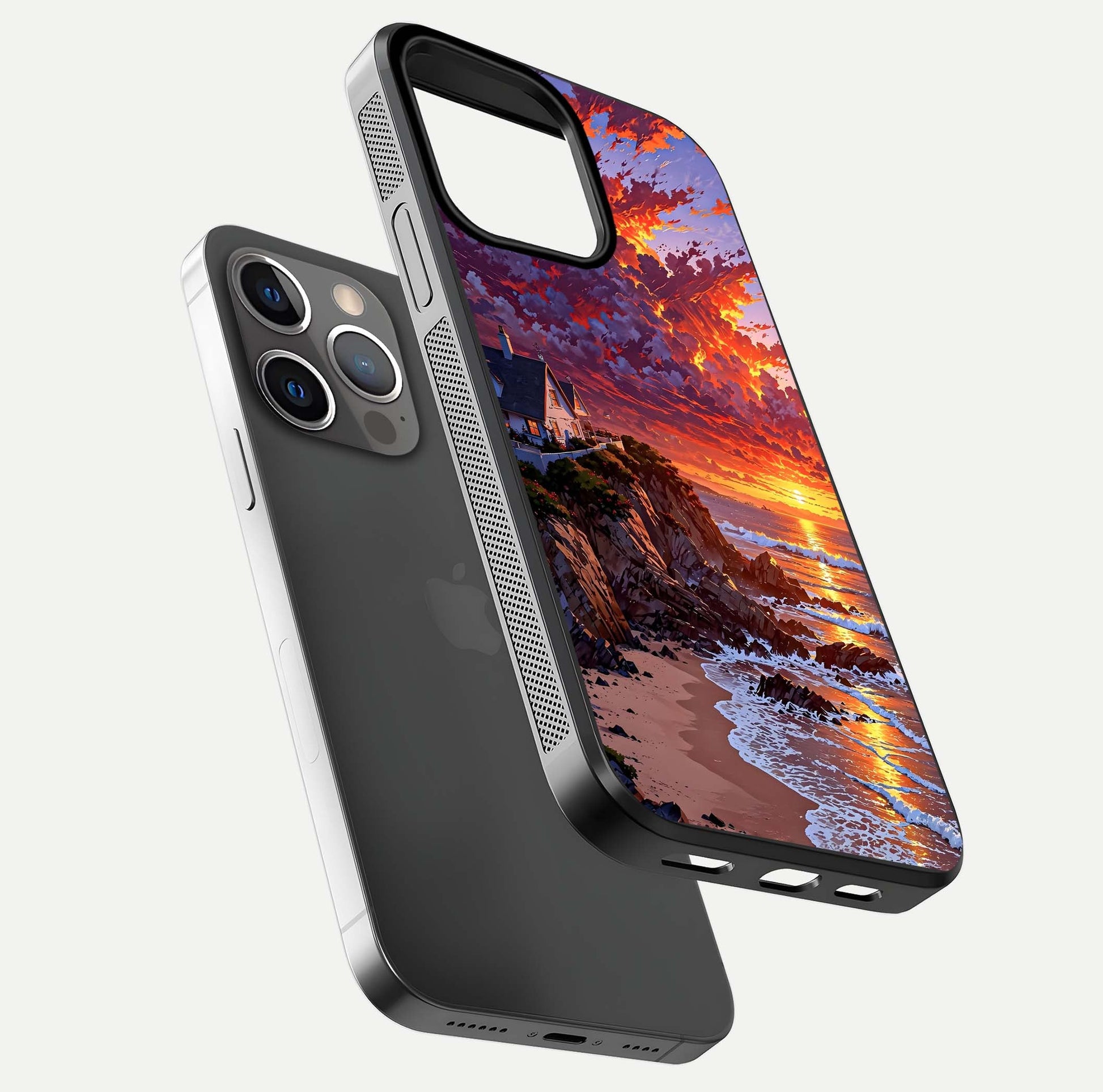 Sunset House by Sea Glass Case for iPhone 13 Pro floating dual-view mockup displaying gloss shine and depth