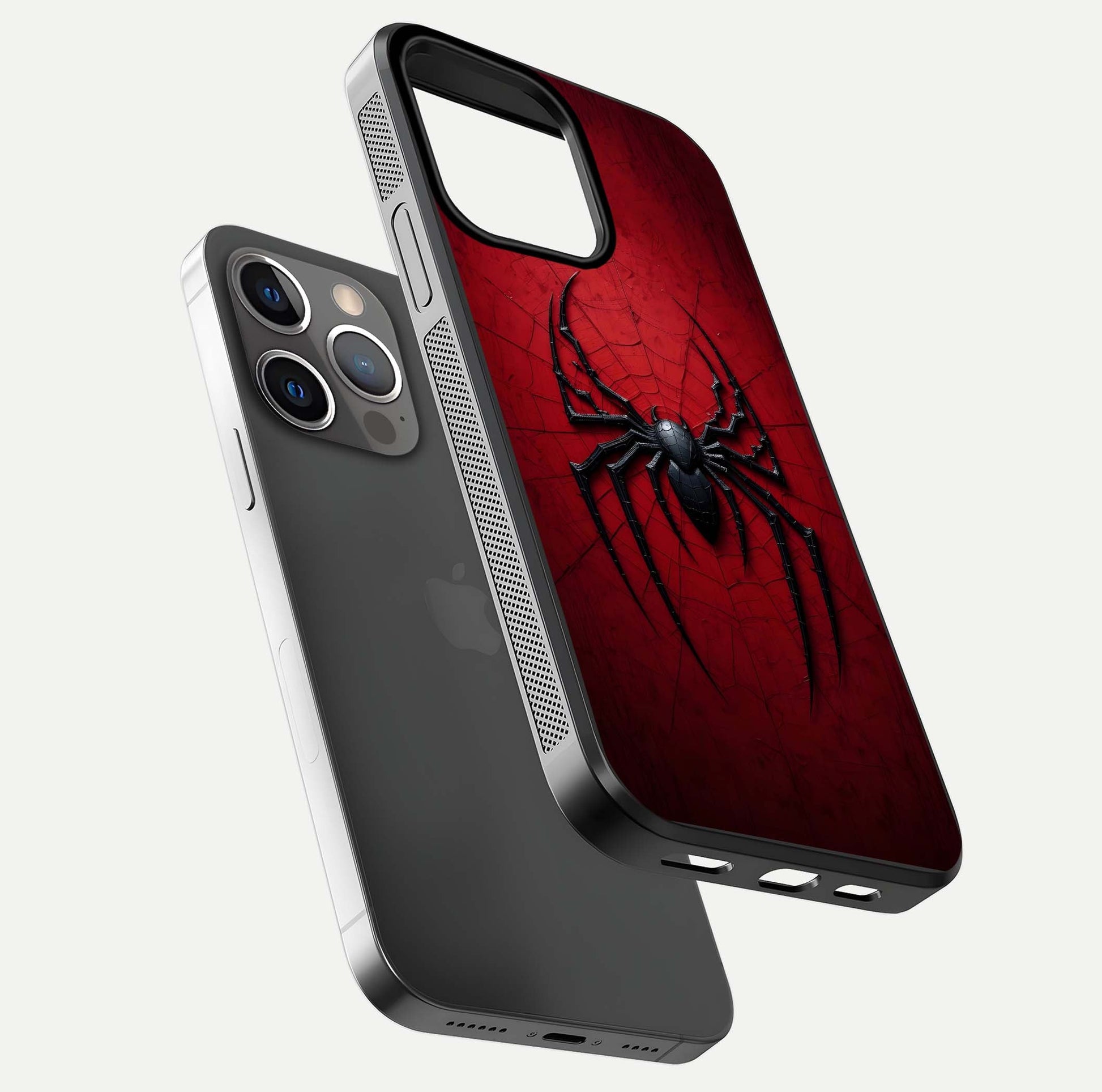 Venom Web Emblem Glass Case for iPhone 13 Pro floating dual-view mockup displaying gloss shine and HD print