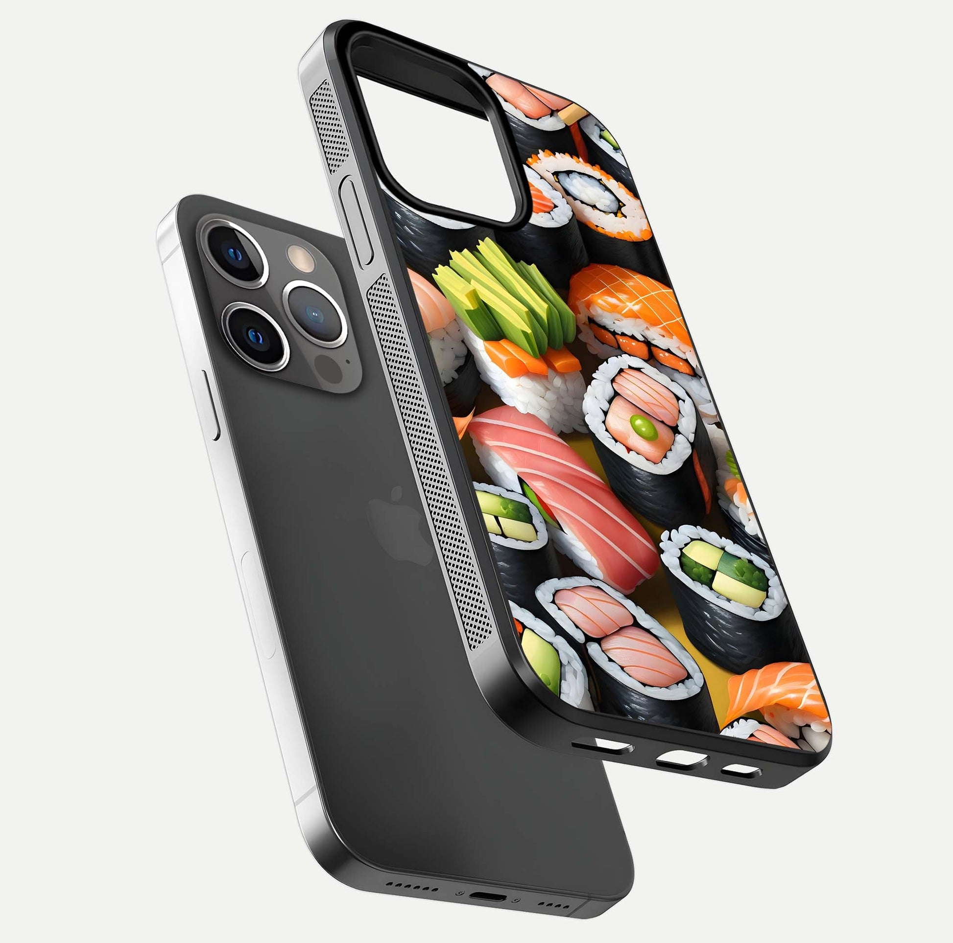 Sushi Food Pattern Glass Case for iPhone 13 Pro floating dual-view mockup displaying gloss and HD pattern