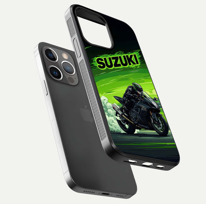 Suzuki Speed Beast Glass Case for iPhone 13 Pro floating dual-view mockup displaying gloss texture and shine