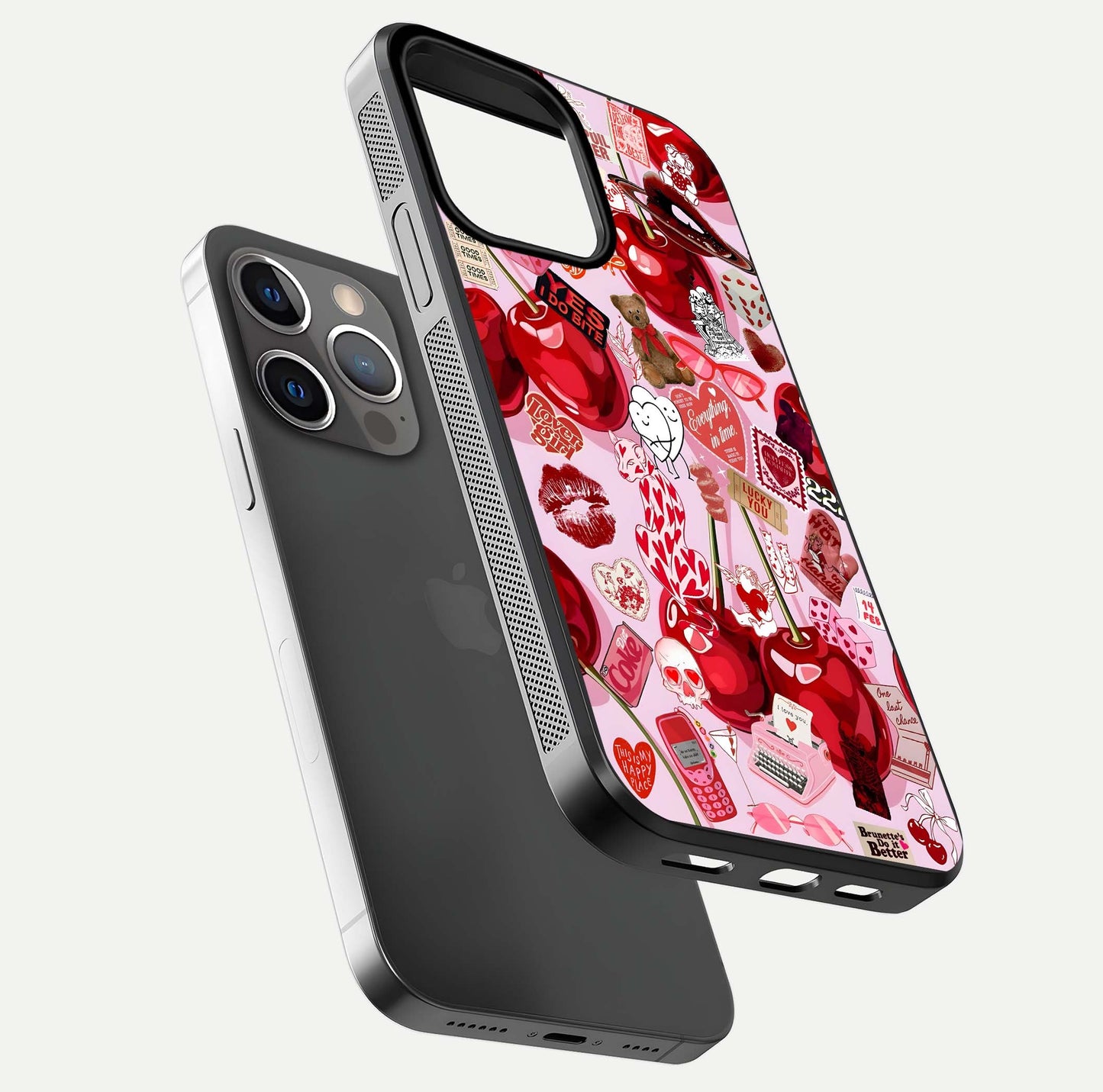 Sweet Cherry Chaos Glass Case for iPhone 13 Pro floating dual-view mockup displaying gloss surface and depth