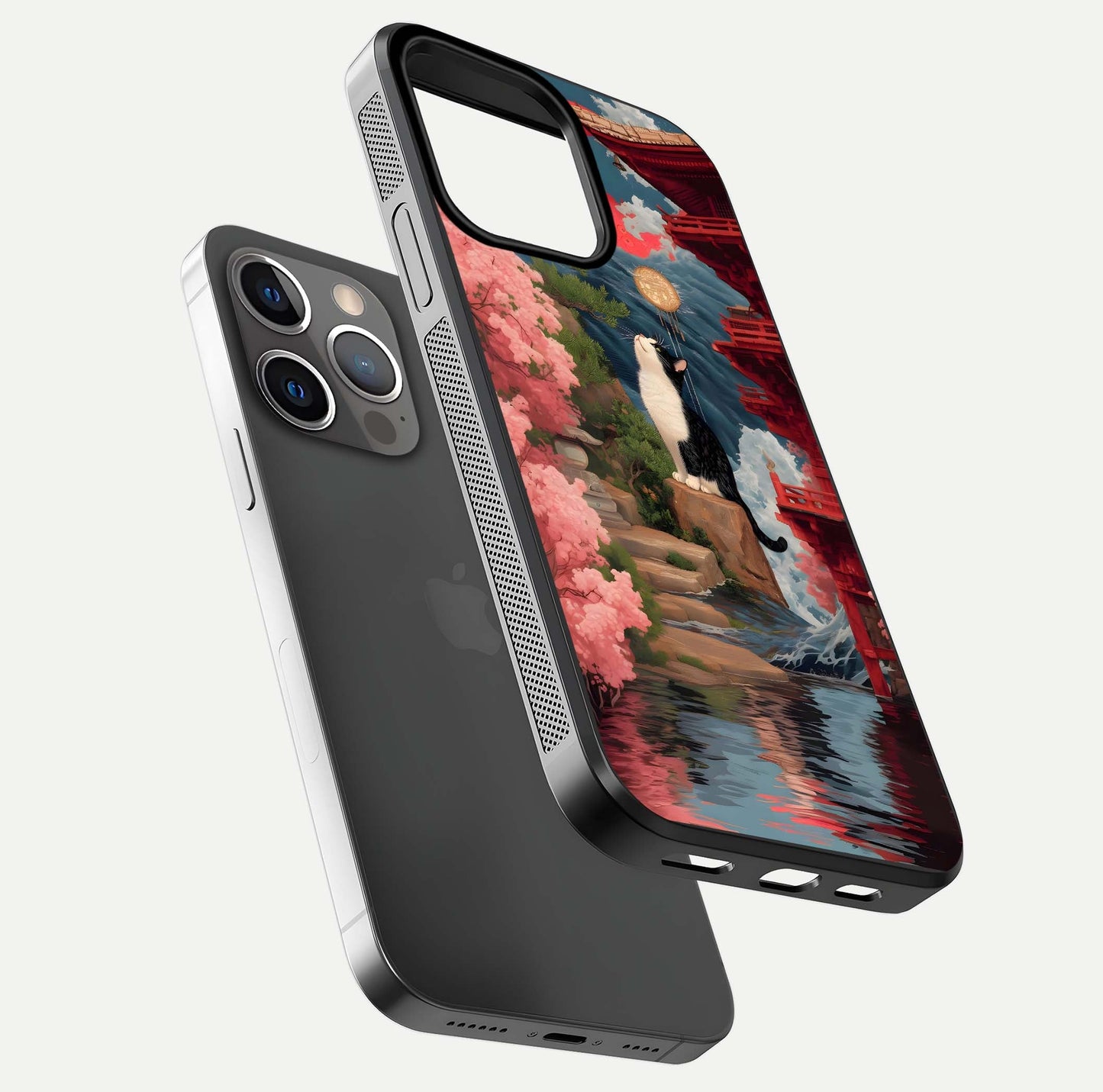 Temple Cat Scenery Glass Case for iPhone 13 Pro floating dual-view mockup displaying gloss and depth detail