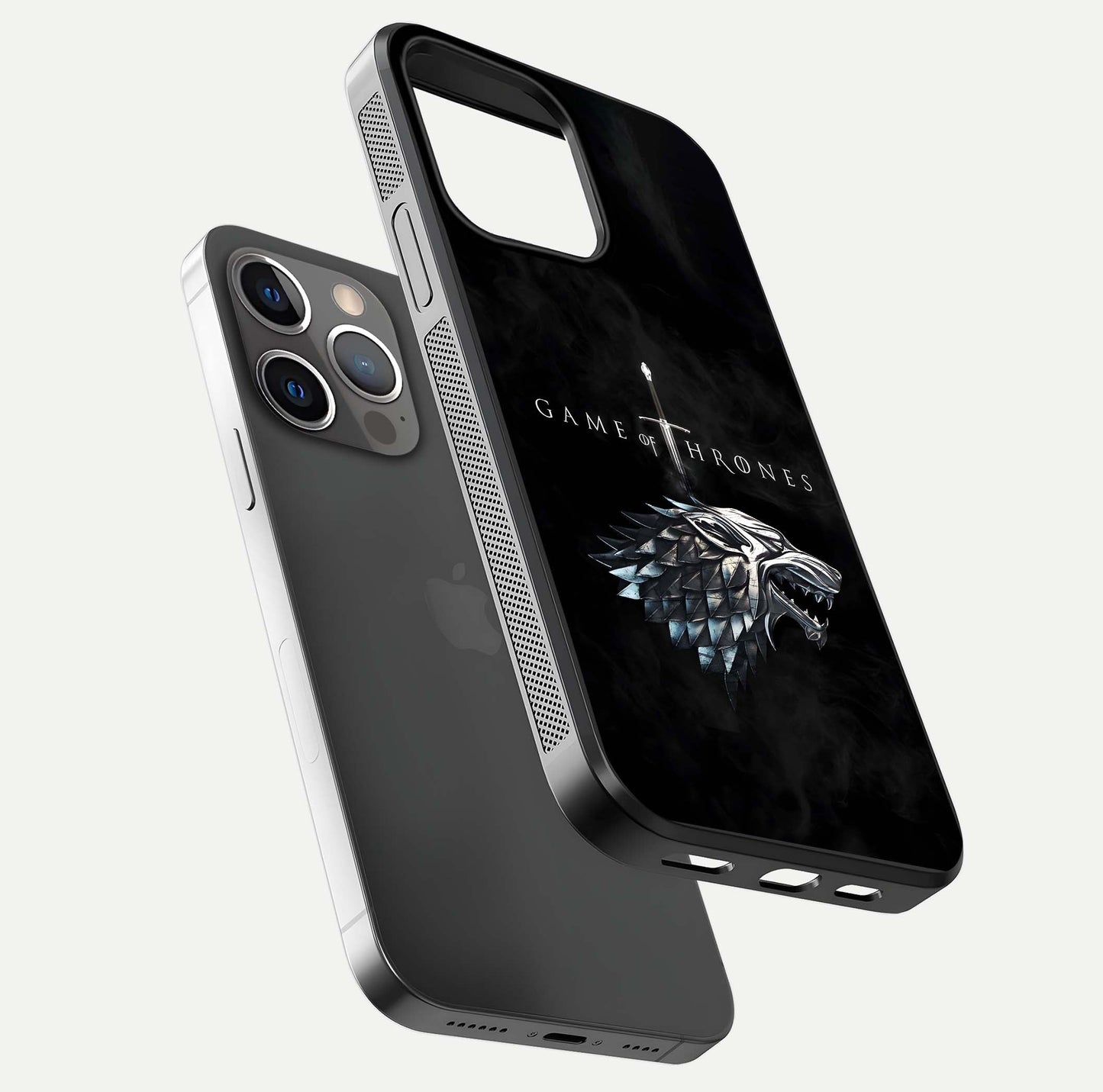 Throne Wolf Legacy Glass Case for iPhone 13 Pro floating dual-view mockup displaying gloss depth and wolf artwork