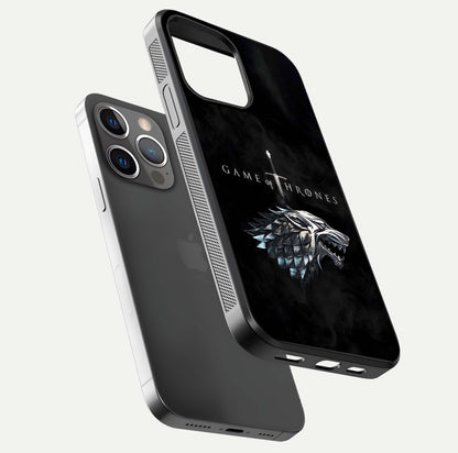 Throne Wolf Legacy Glass Case for iPhone 13 Pro floating dual-view mockup displaying gloss depth and wolf artwork