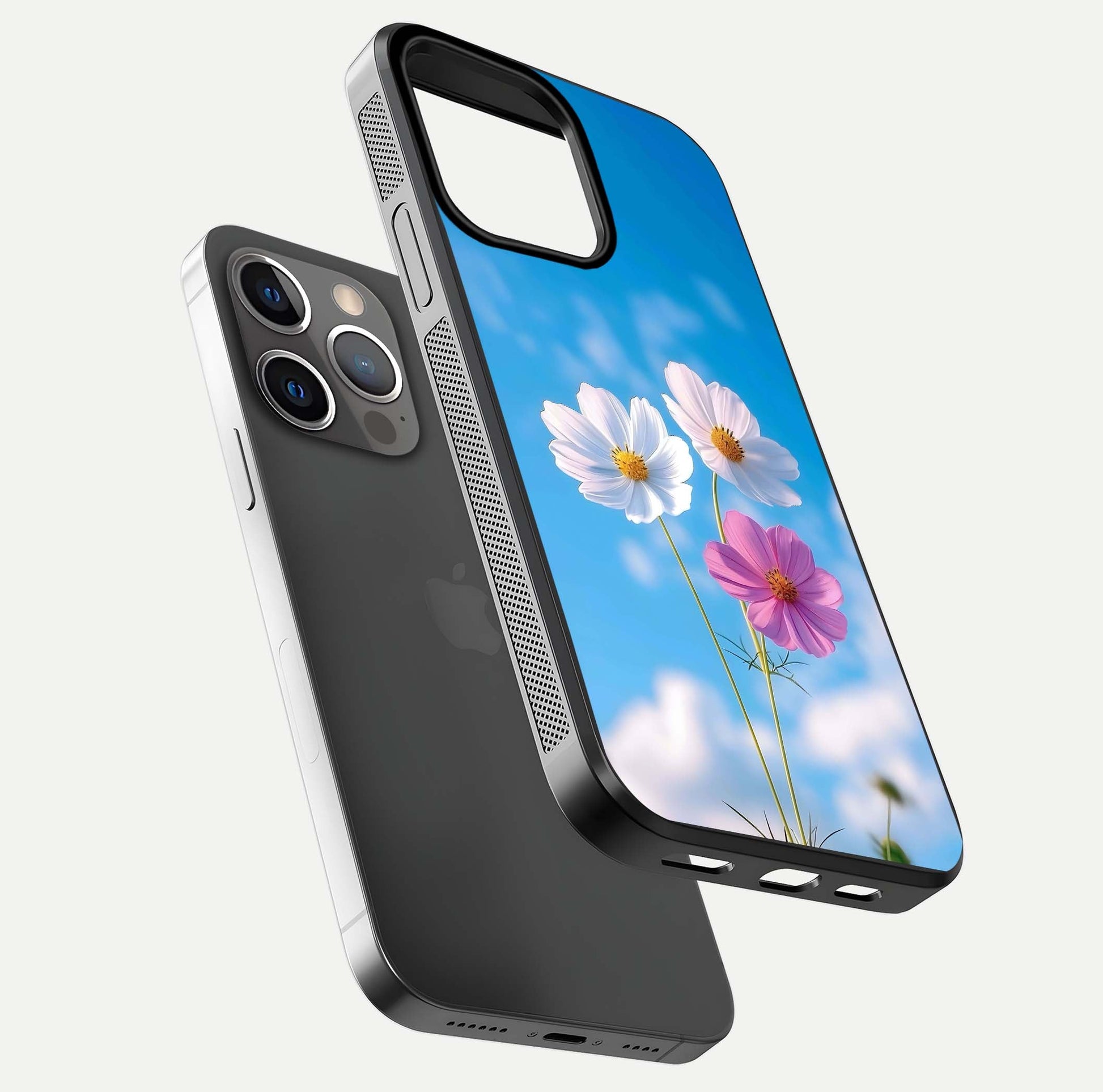 Triple Flowers With Sky Glass Case for iPhone 13 Pro floating dual-view mockup displaying gloss and soft hues