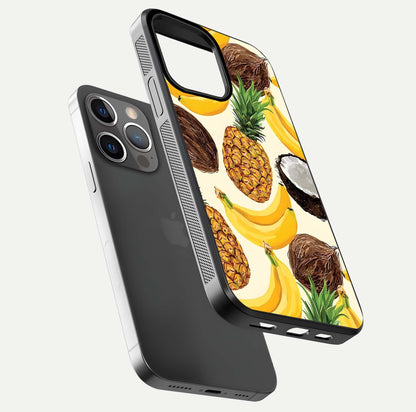 Tropical Fruit Mood Glass Case for iPhone 13 Pro floating dual-view mockup displaying gloss and vibrant colors