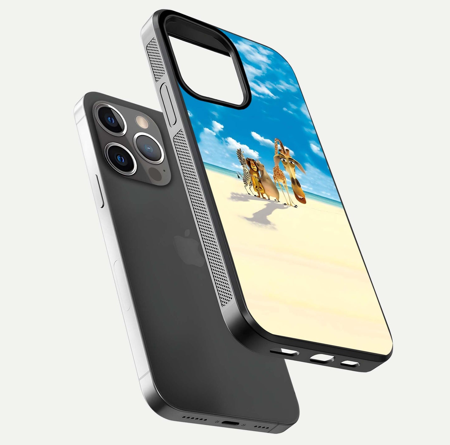 Tropical Fun Squad Glass Case for iPhone 13 Pro floating dual-view mockup displaying gloss reflection and contrast
