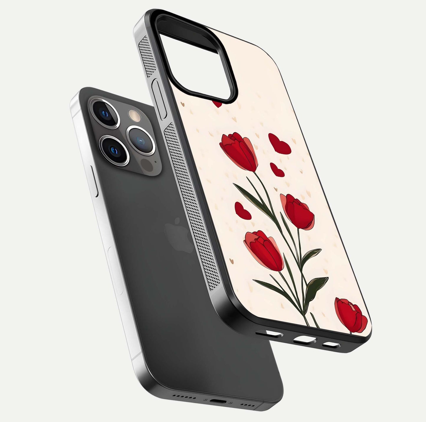 Tulip With Heart Glass Case for iPhone 13 Pro floating dual-view mockup displaying gloss texture and shine
