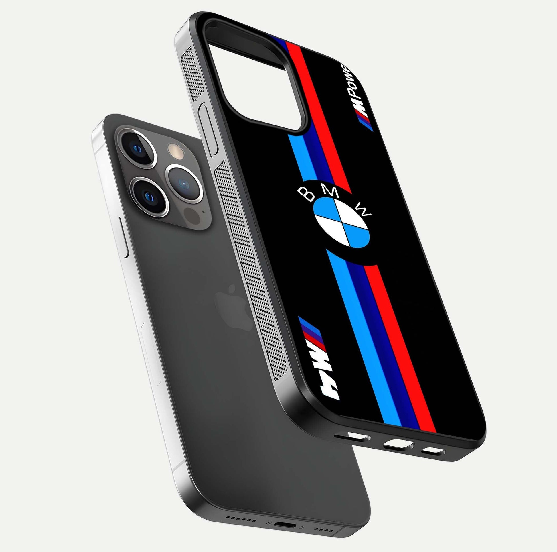 Turbo BMW Beast Glass Case for iPhone 13 Pro floating dual-view mockup displaying gloss texture and vivid print