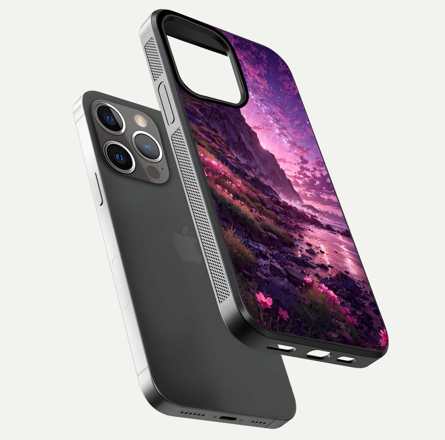 Twilight Blossom Coast Glass Case for iPhone 13 Pro floating dual-view mockup displaying gloss surface and detail