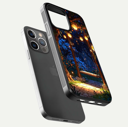 Twilight Garden Swing Glass Case for iPhone 13 Pro floating dual-view mockup displaying gloss and tone balance
