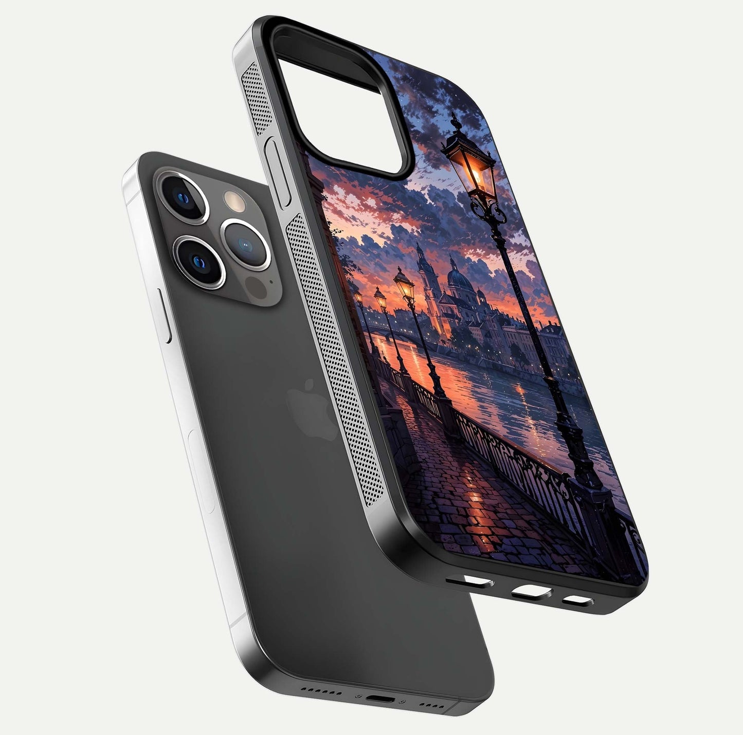 Twilight River Lights Glass Case for iPhone 13 Pro floating dual-view mockup displaying gloss shine and vivid details
