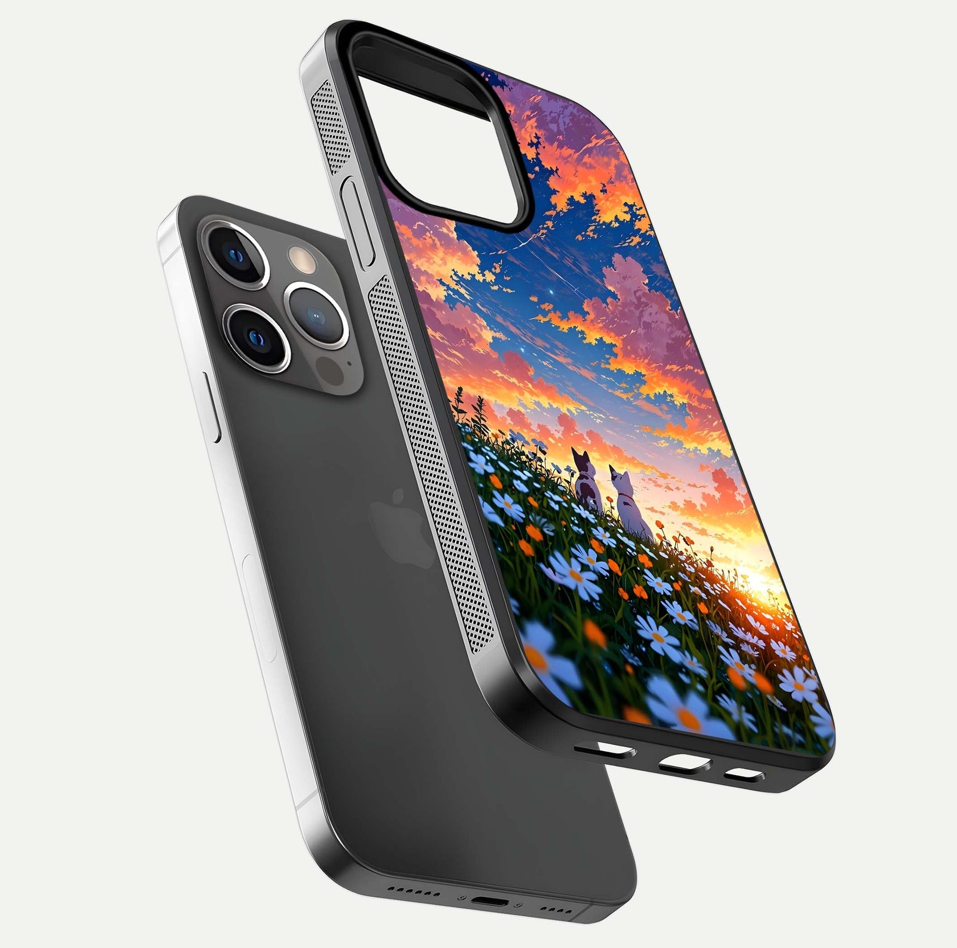 Two Cats Friends Glass Case for iPhone 13 Pro floating dual-view mockup displaying gloss surface and HD print