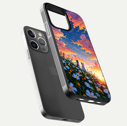 Two Cats Friends Glass Case for iPhone 13 Pro floating dual-view mockup displaying gloss surface and HD print