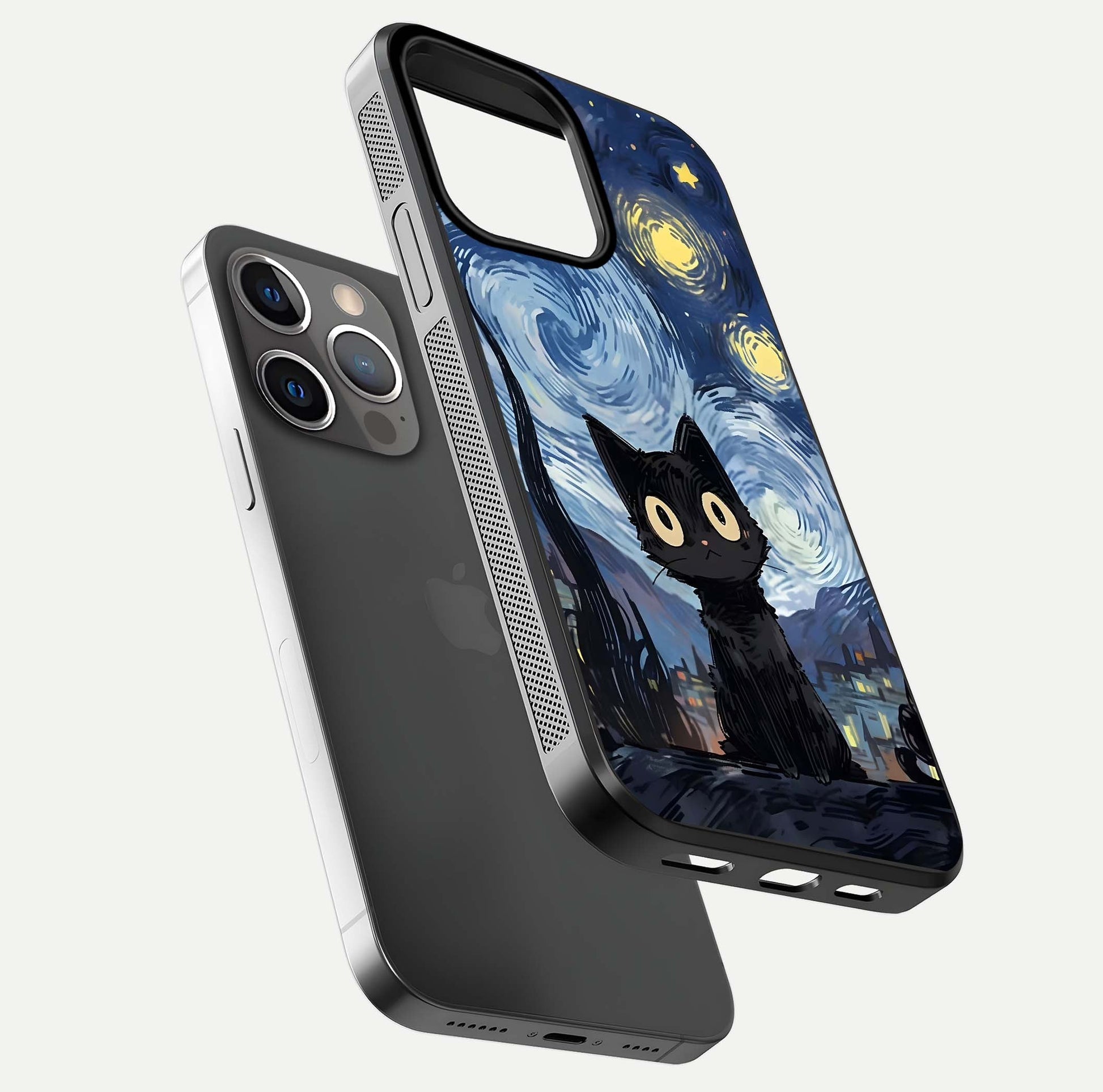 Van Gogh Cat Glass Case for iPhone 13 Pro floating dual-view mockup displaying gloss shine and artistic texture