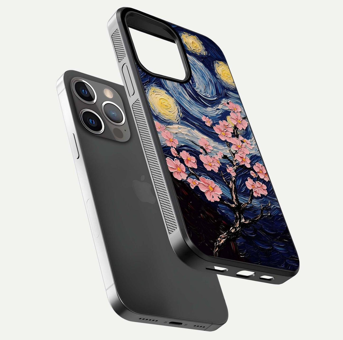 Van Gogh Scenery Glass Case for iPhone 13 Pro floating dual-view mockup displaying gloss reflection and HD quality