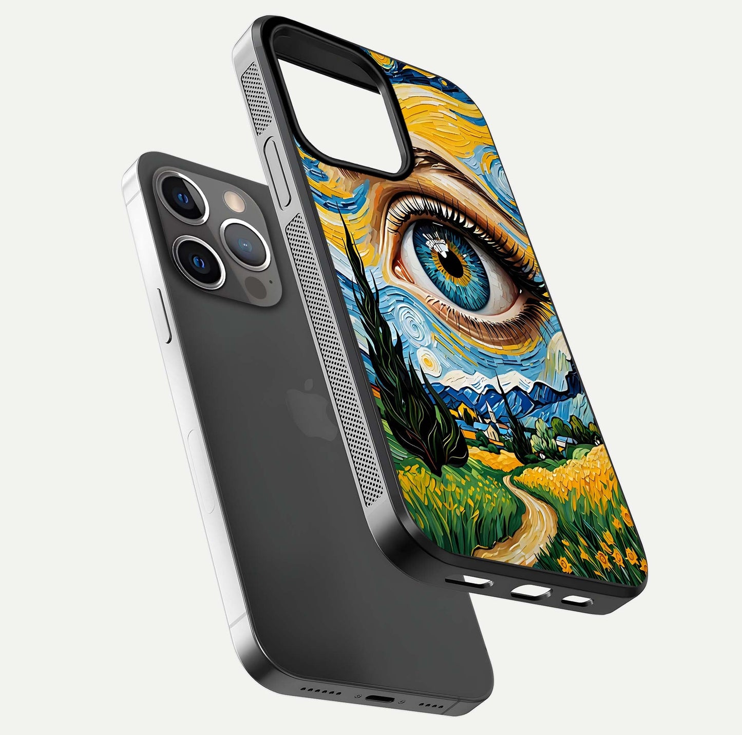 Van Gogh Eye Glass Case for iPhone 16 Pro floating dual-view mockup displaying gloss texture and depth