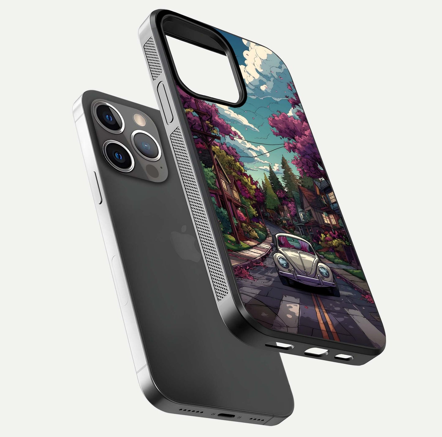 Vintage Street Drive Glass Case for iPhone 13 Pro floating dual-view mockup displaying gloss shine and texture