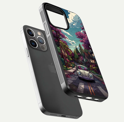 Vintage Street Drive Glass Case for iPhone 13 Pro floating dual-view mockup displaying gloss shine and texture