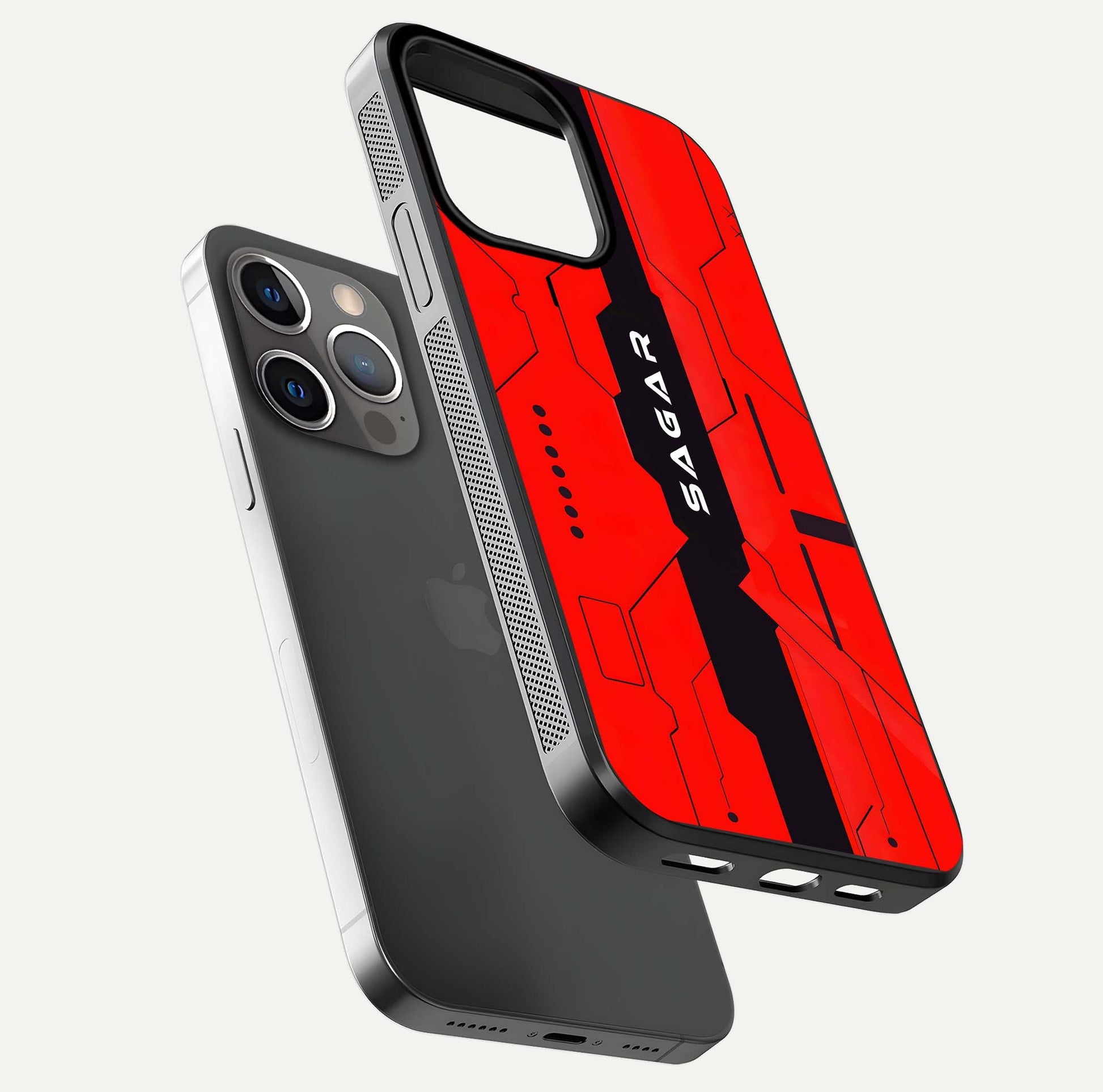 Voltage Rise CYBERPUNK Custom Name Glass Case for iPhone 13 Pro floating dual-view mockup displaying gloss shine and lighting
